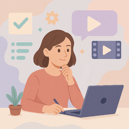 Ilustração de uma mulher pensativa usando um laptop, com elementos como ícones de vídeo, listas e uma planta ao fundo representando produtividade e criatividade.