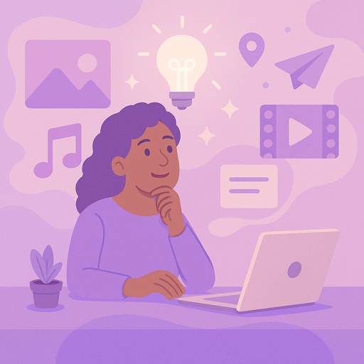 Ilustração de uma mulher pensando ao lado de um laptop, com elementos de criatividade e inovação, representando elaboração de ideias e brainstorming.