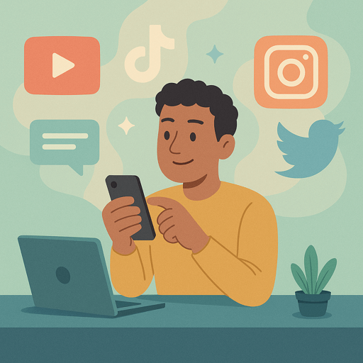 Homem usando smartphone, cercado por ícones de redes sociais como YouTube, TikTok, Instagram, Twitter e mensagens, com um laptop e planta na mesa, ilustrando uso de redes sociais e tecnologia.