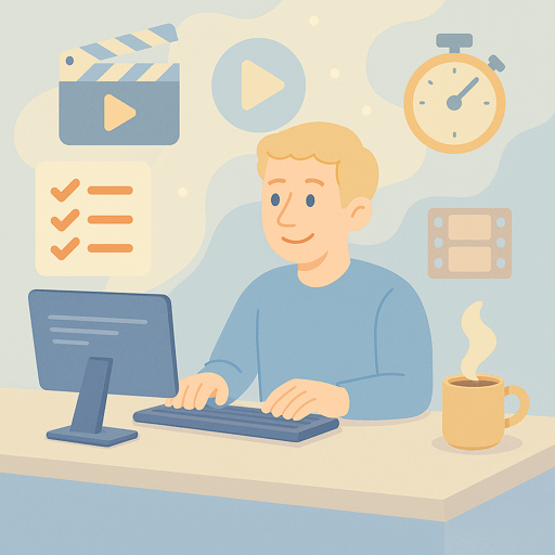 Ilustração de uma pessoa usando computador em ambiente de trabalho com elementos de mídia e gerenciamento de tempo, ideal para produção de vídeos e conteúdo digital.